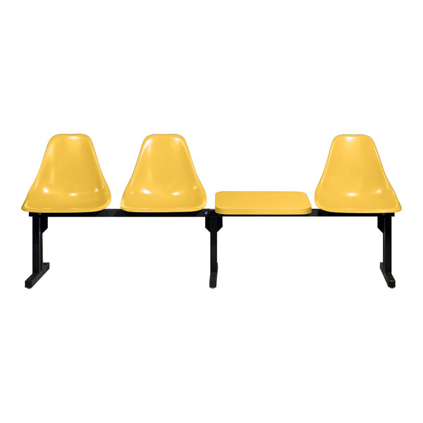 A Sol-O-Matic yellow plastic chair with black legs.