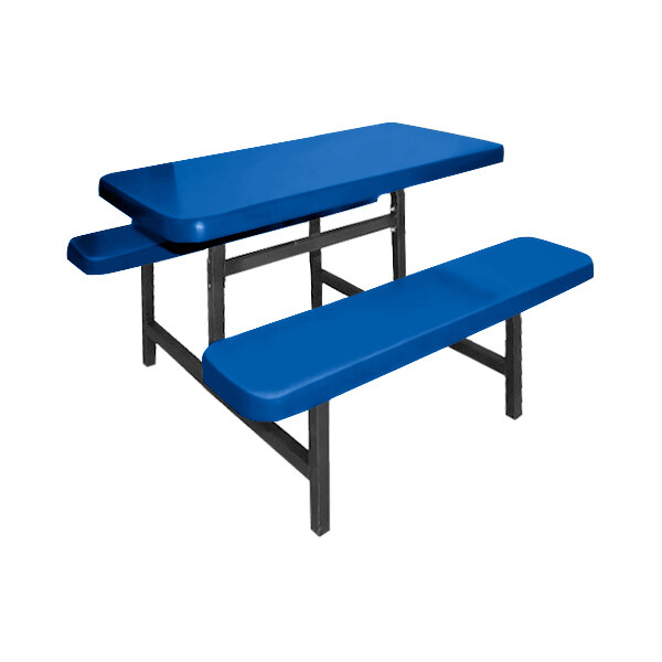A Sol-O-Matic blue fiberglass picnic table with fixed bench seats.