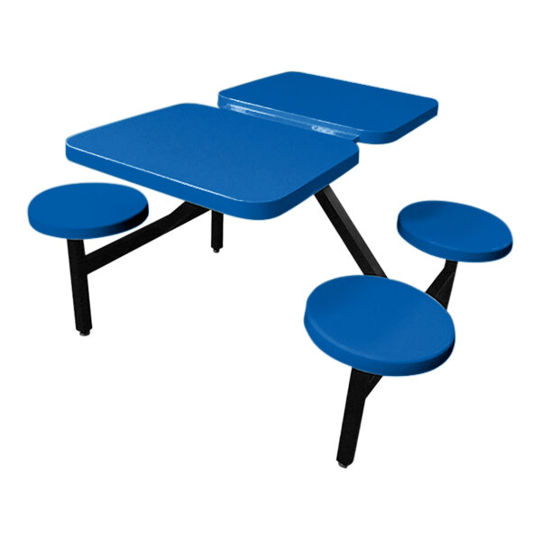 A blue rectangular Sol-O-Matic picnic table with four seats.