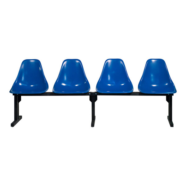 A row of three blue Sol-O-Matic plastic chairs with black legs.