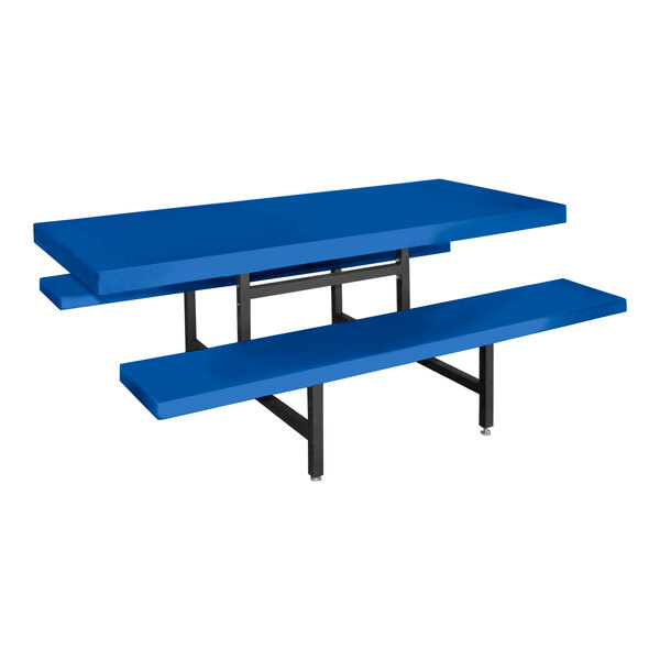 A blue picnic table with fixed bench seats.