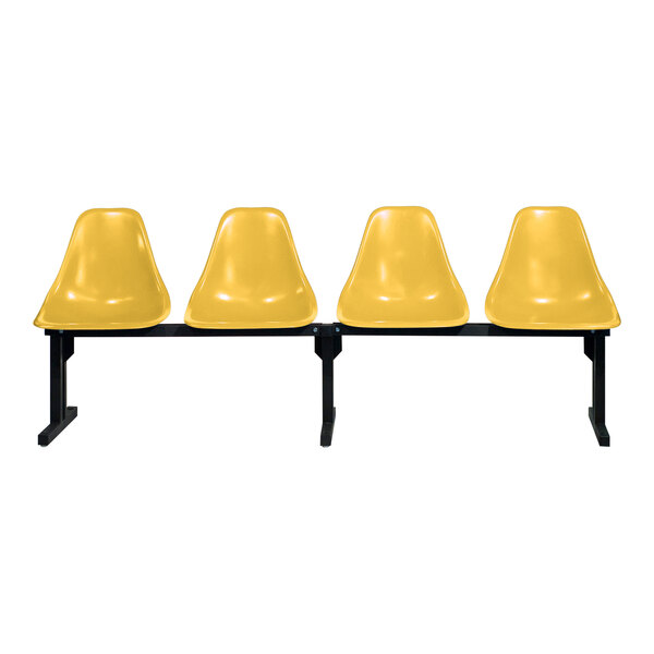 A row of three Sol-O-Matic yellow plastic chairs with black legs.