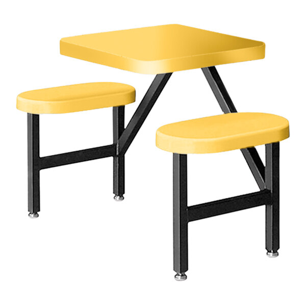 A yellow rectangular Sol-O-Matic fiberglass table with black seats.