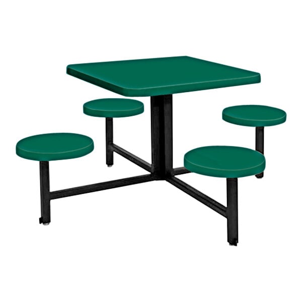 A hunter green square fiberglass table with four fixed seats.