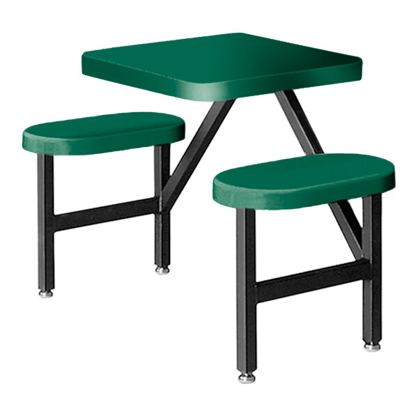 A hunter green Sol-O-Matic fiberglass table with two fixed seats.