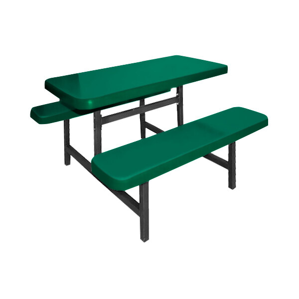A hunter green rectangular picnic table with fixed bench seats.