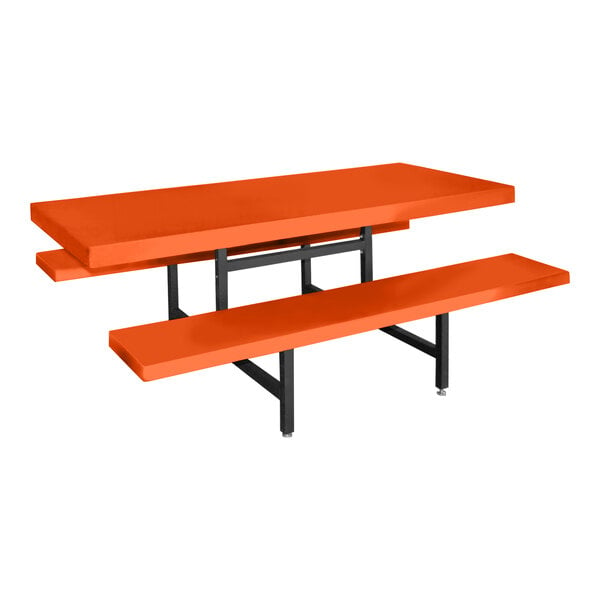 An orange Sol-O-Matic picnic table with fixed bench seats.