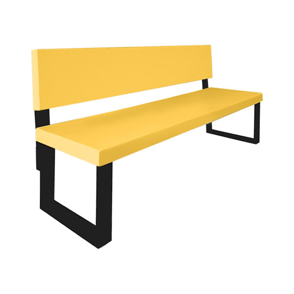 A close-up of a Sol-O-Matic marigold fiberglass park bench with black legs.