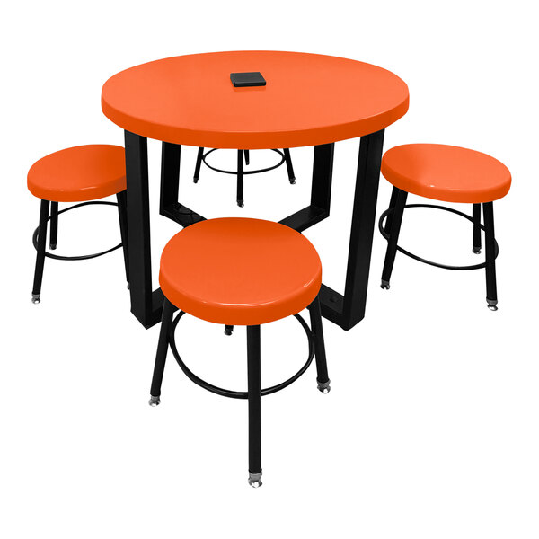 An orange Sol-O-Matic table with black bases and four stools.