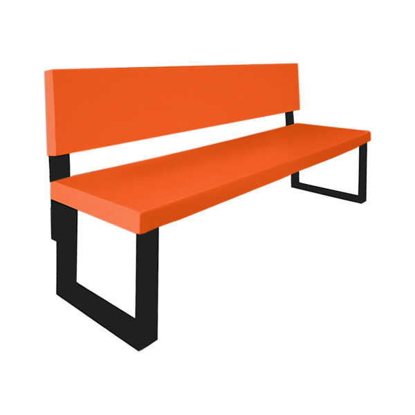 An orange Sol-O-Matic park bench with black legs.