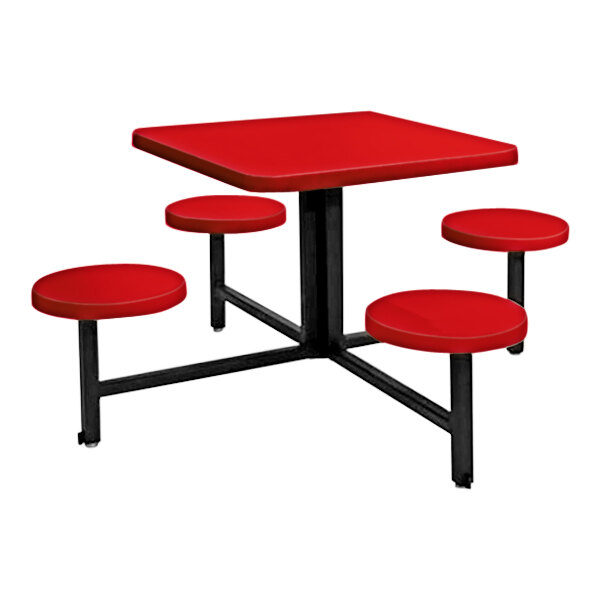 A red square Sol-O-Matic fiberglass table with four fixed seats.