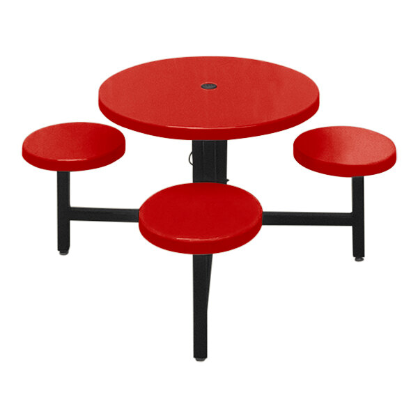 A red Sol-O-Matic children's table with four fixed stools.
