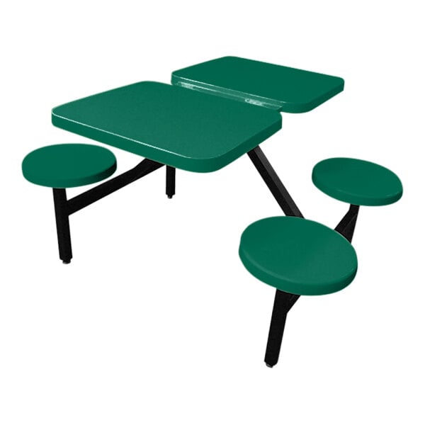 A hunter green rectangular Sol-O-Matic picnic table with four fixed seats.