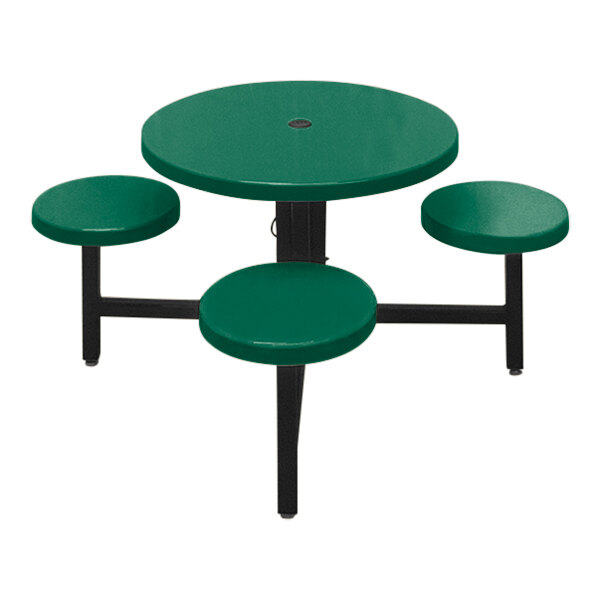 A Sol-O-Matic Hunter Green fiberglass table top with black bases and four green seats.