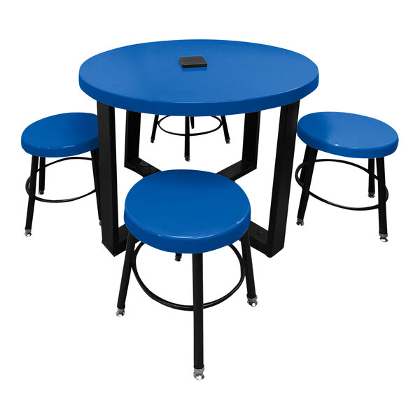 A blue Sol-O-Matic fiberglass table with four blue stools.