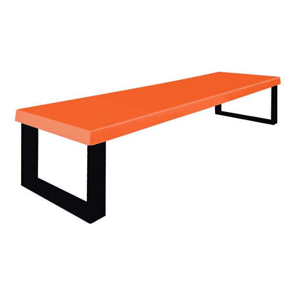 A long orange Sol-O-Matic fiberglass park bench with black legs.
