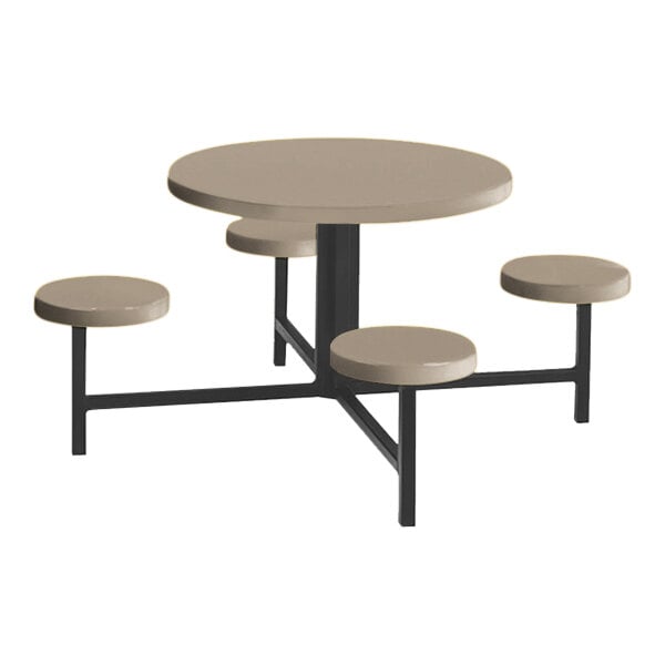 A Sol-O-Matic round fiberglass table with four fixed seats around it.