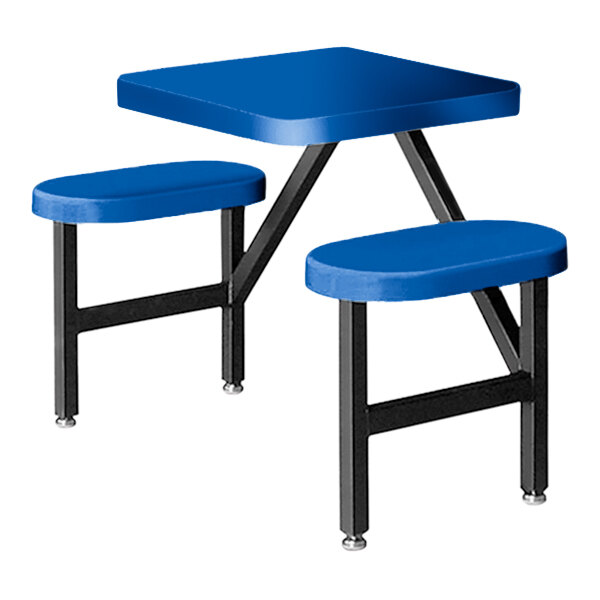 A blue Sol-O-Matic rectangular fiberglass table with two fixed seats.