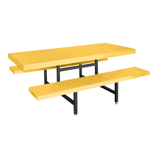 A yellow fiberglass picnic table with fixed bench seats.