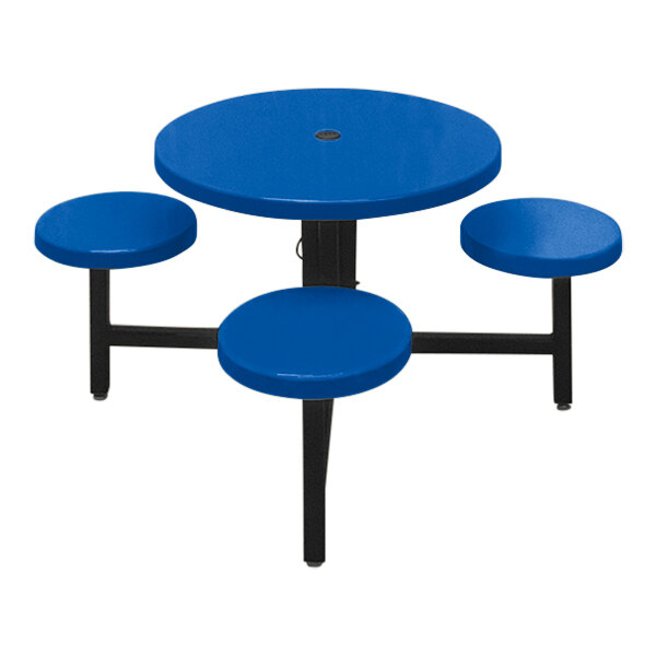 A Sol-O-Matic blue fiberglass children's table with four blue stools.