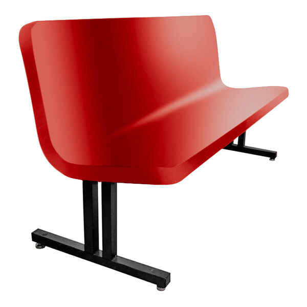 A Sol-O-Matic red fiberglass bench with black legs and a backrest.