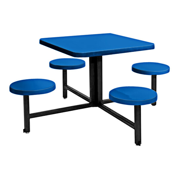 A blue square Sol-O-Matic table with four fixed seats.