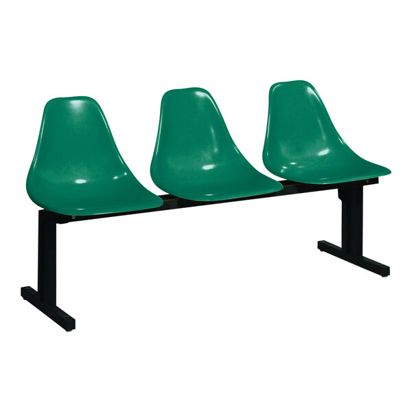A row of three Sol-O-Matic green plastic chairs with black legs.