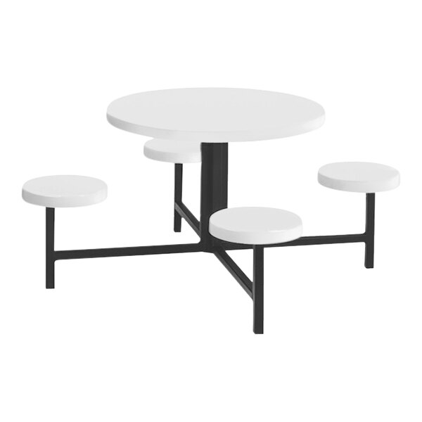 A white round Sol-O-Matic fiberglass table with four fixed seats.