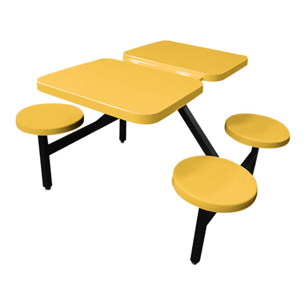 A yellow fiberglass Sol-O-Matic picnic table with four fixed seats.