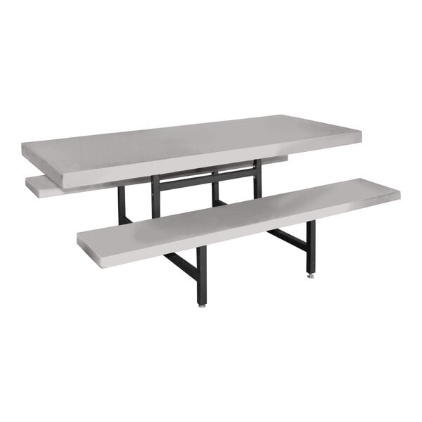 A white rectangular fiberglass Sol-O-Matic picnic table with fixed bench seats.