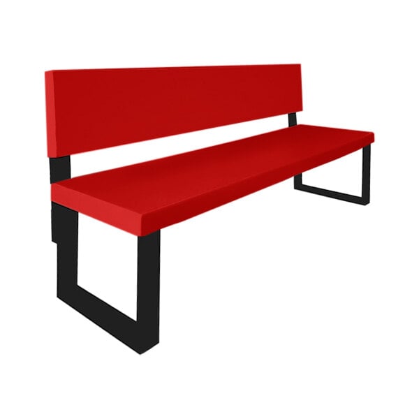 A close-up of a Sol-O-Matic red fiberglass park bench with black legs.