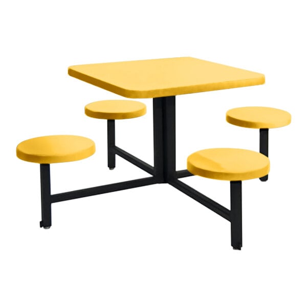A Sol-O-Matic marigold square fiberglass table with four fixed seats in yellow.