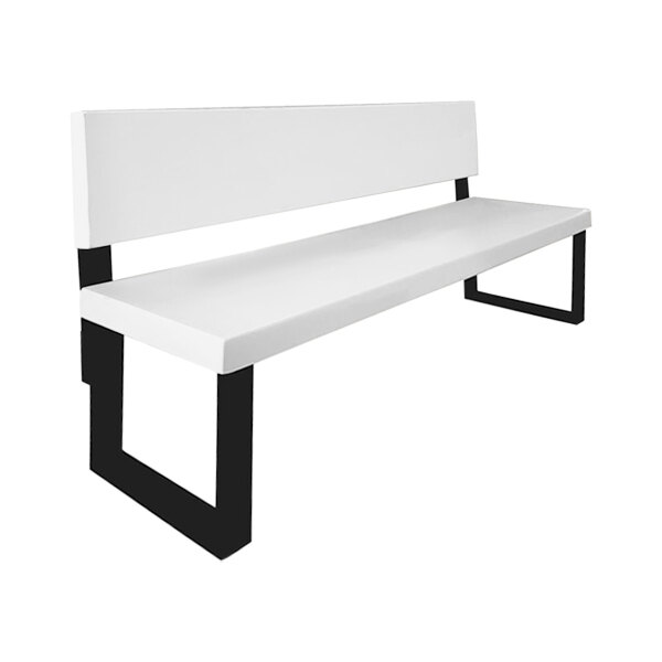 A white Sol-O-Matic park bench with black legs.