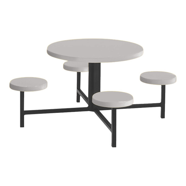 A white round Sol-O-Matic fiberglass table with four fixed seats.