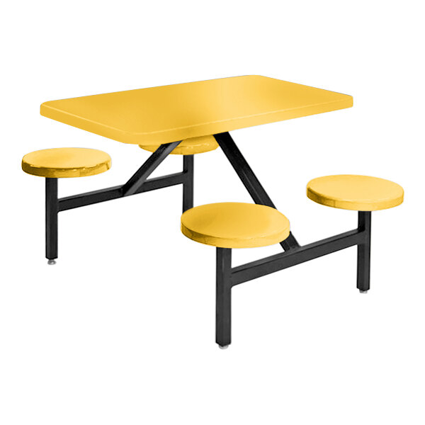 A yellow Sol-O-Matic rectangular table with four fixed seats.