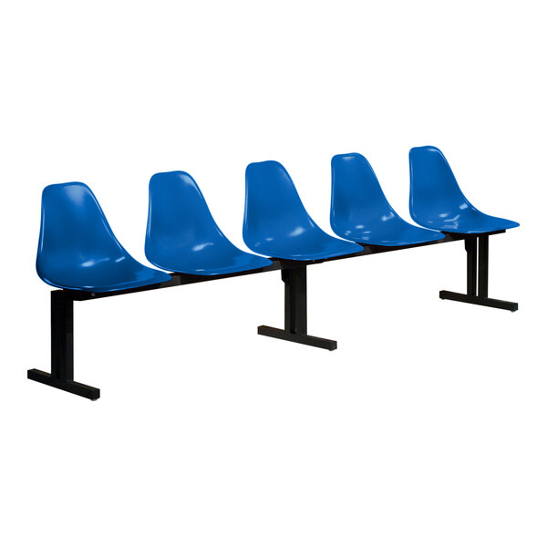 A row of four Sol-O-Matic blue plastic chairs with black legs.