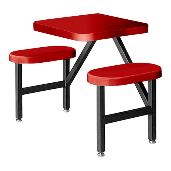 A red Sol-O-Matic fiberglass picnic table with two fixed seats.