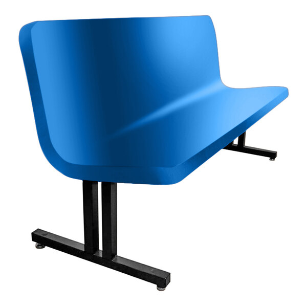 A blue Sol-O-Matic curved fiberglass bench with black legs.