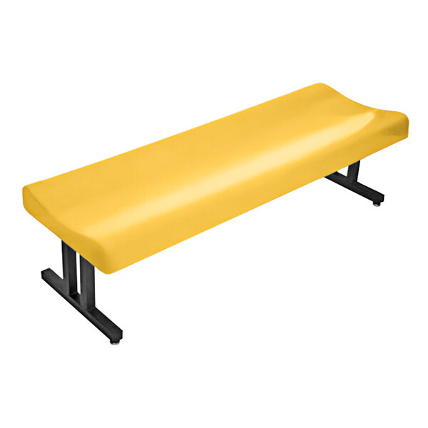 A Sol-O-Matic marigold fiberglass bench with black legs.