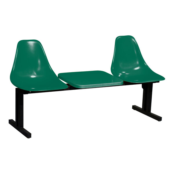 A green plastic Sol-O-Matic seating unit with black legs and a table.
