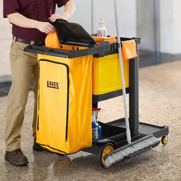 Lavex Premium 3Shelf Janitor Cart Kit with Yellow Zippered Bag, Lid