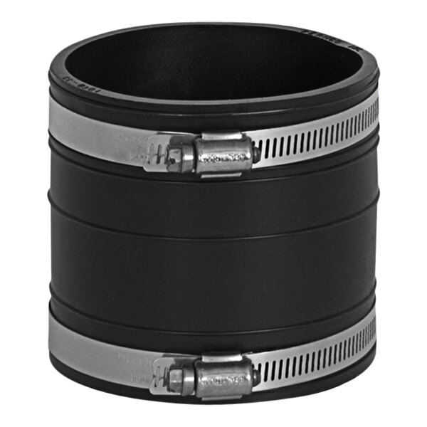 A black Josam pipe coupling with silver bands.