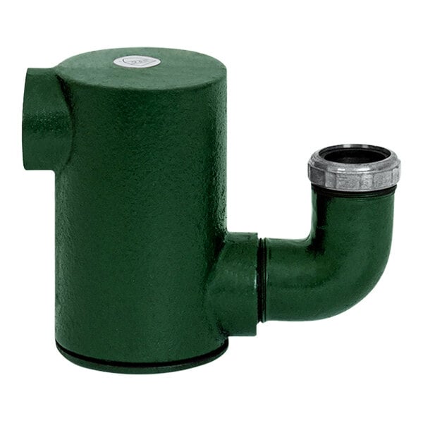 A green pipe with a metal fitting connected to a silver pipe.