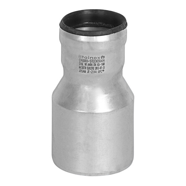 A stainless steel Josam concentric pipe reducer with black rubber ends.