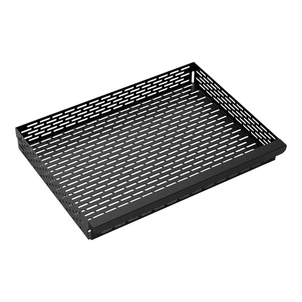 A black metal cooking grid with holes.