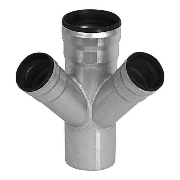 A stainless steel Josam pipe fitting with two rubber inserts on each side and three holes.