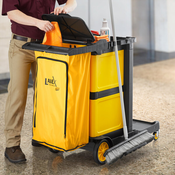 Lavex Blue 3-Shelf Janitor Cart with Yellow Vinyl Zippered Bag