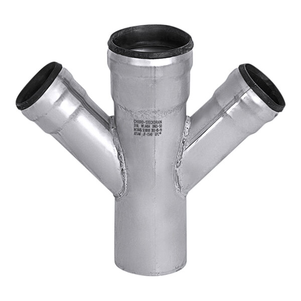A Josam stainless steel 45 degree double wye pipe fitting with black inserts.