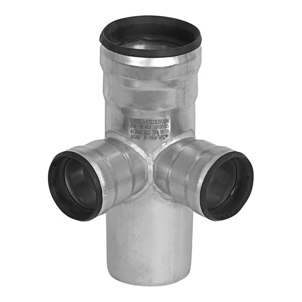 A stainless steel Josam offset double tee pipe fitting with black rubber inserts.