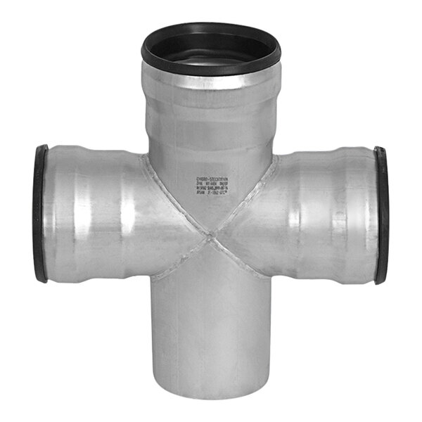 A stainless steel Josam cross fitting for pipes with black rubber ends.